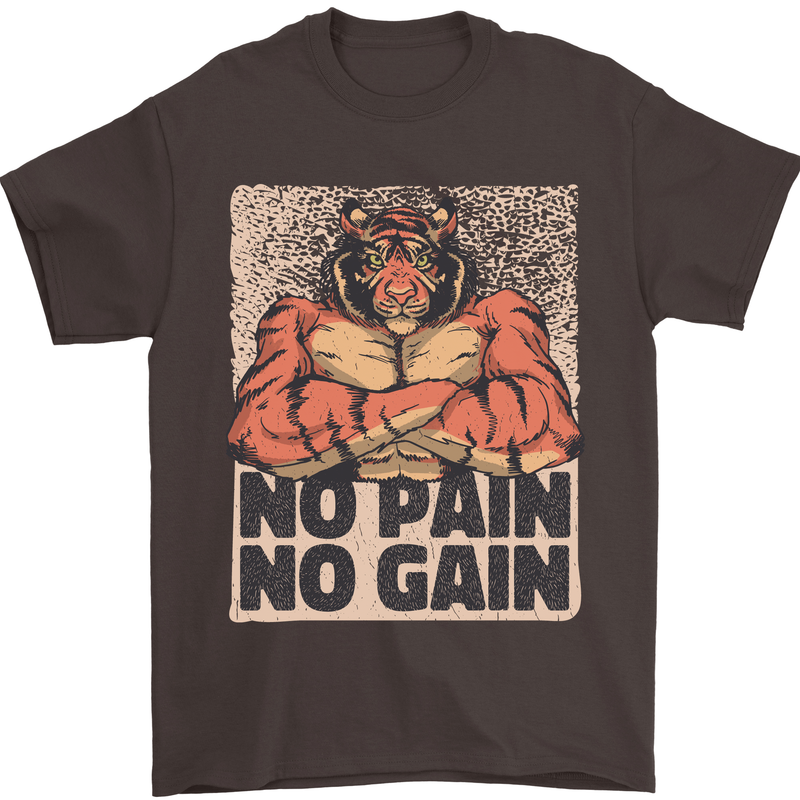 Gym Tiger No Pain No Gain Training Top Mens T-Shirt Cotton Gildan Dark Chocolate