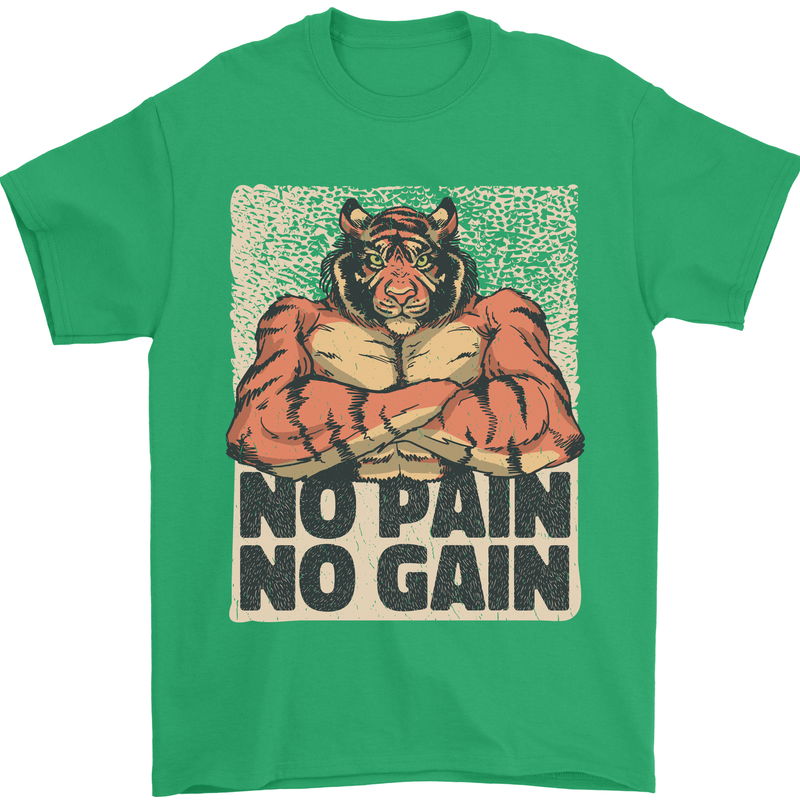 Gym Tiger No Pain No Gain Training Top Mens T-Shirt Cotton Gildan Irish Green