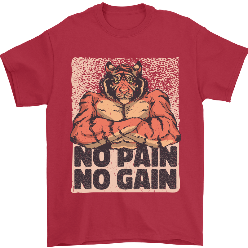 Gym Tiger No Pain No Gain Training Top Mens T-Shirt Cotton Gildan Red