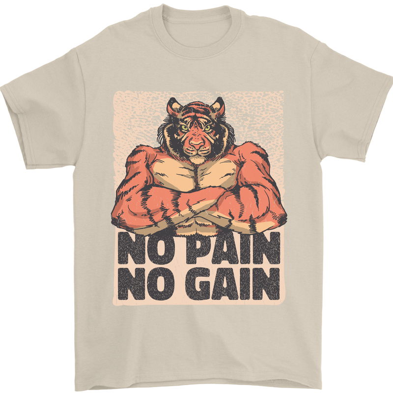 Gym Tiger No Pain No Gain Training Top Mens T-Shirt Cotton Gildan Sand