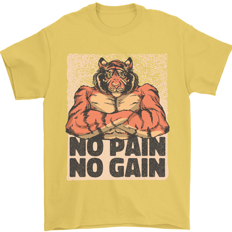 Gym Tiger No Pain No Gain Training Top Mens T-Shirt Cotton Gildan Yellow
