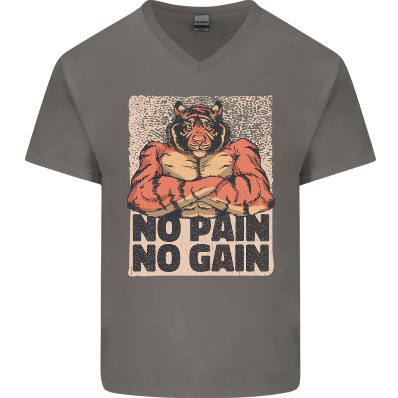 Gym Tiger No Pain No Gain Training Top Mens V-Neck Cotton T-Shirt Charcoal