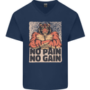 Gym Tiger No Pain No Gain Training Top Mens V-Neck Cotton T-Shirt Navy Blue