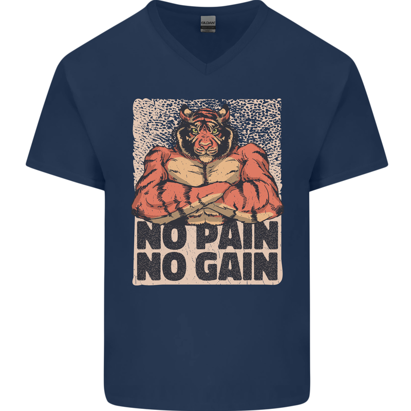 Gym Tiger No Pain No Gain Training Top Mens V-Neck Cotton T-Shirt Navy Blue