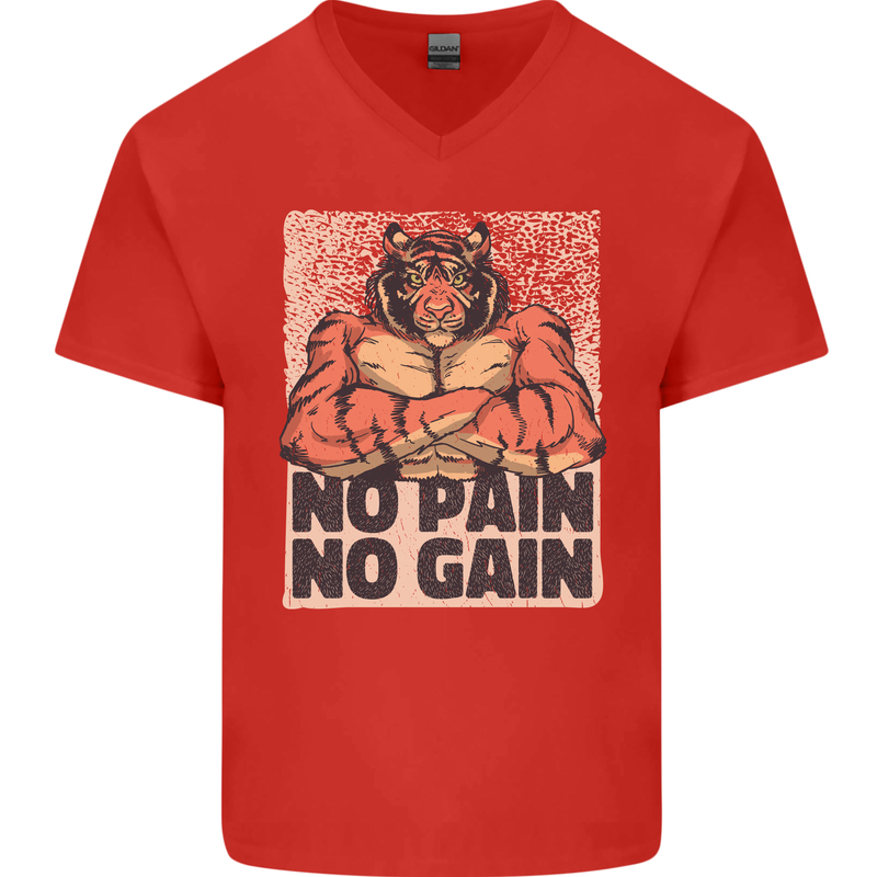 Gym Tiger No Pain No Gain Training Top Mens V-Neck Cotton T-Shirt Red