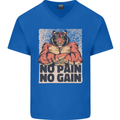 Gym Tiger No Pain No Gain Training Top Mens V-Neck Cotton T-Shirt Royal Blue