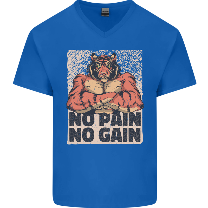 Gym Tiger No Pain No Gain Training Top Mens V-Neck Cotton T-Shirt Royal Blue