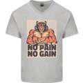 Gym Tiger No Pain No Gain Training Top Mens V-Neck Cotton T-Shirt Sports Grey