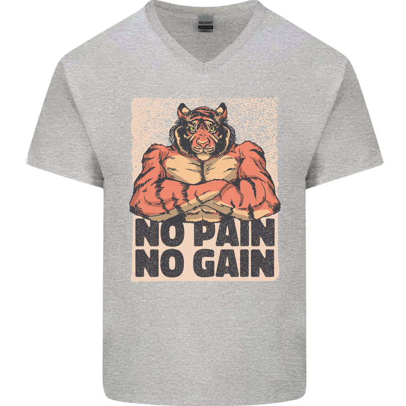 Gym Tiger No Pain No Gain Training Top Mens V-Neck Cotton T-Shirt Sports Grey