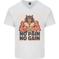 Gym Tiger No Pain No Gain Training Top Mens V-Neck Cotton T-Shirt White