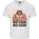 Gym Tiger No Pain No Gain Training Top Mens V-Neck Cotton T-Shirt White