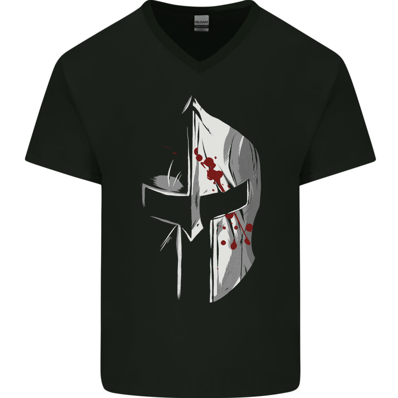 Gym Training Top Spartan Helmet MMA Mens V-Neck Cotton T-Shirt Black