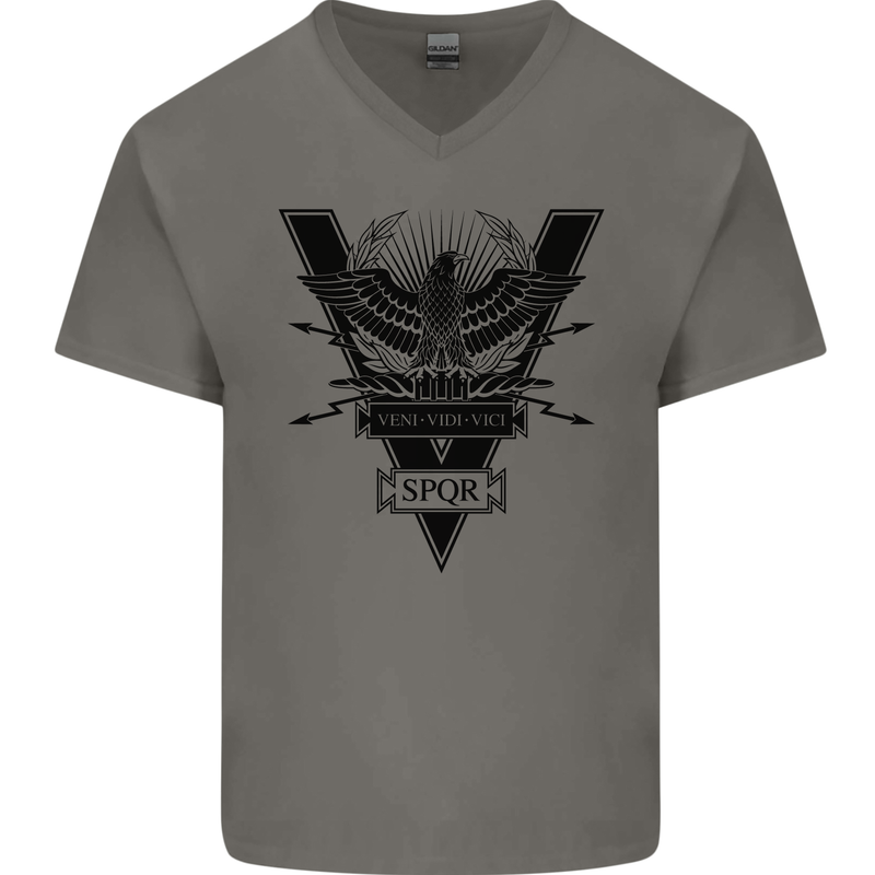 Gym Training Top Weightlifting SPQR Roman Mens V-Neck Cotton T-Shirt Charcoal