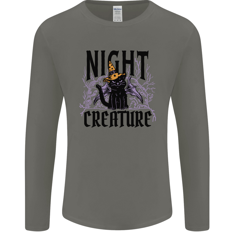 Halloween Cat Night Creature Witch Mens Long Sleeve T-Shirt Charcoal