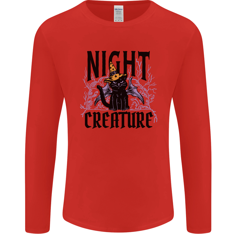 Halloween Cat Night Creature Witch Mens Long Sleeve T-Shirt Red