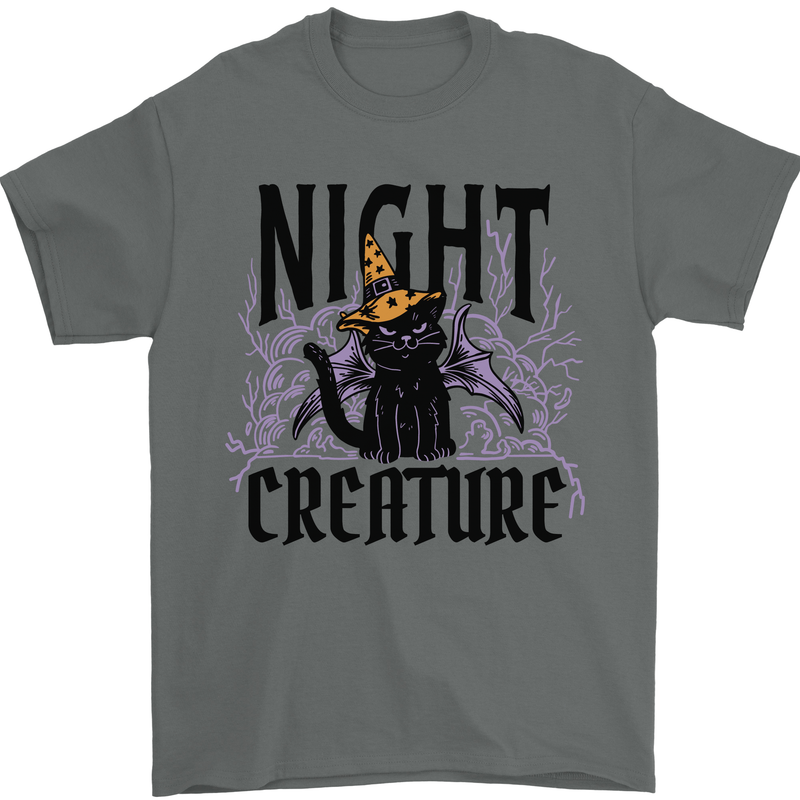 Halloween Cat Night Creature Witch Mens T-Shirt 100% Cotton Charcoal