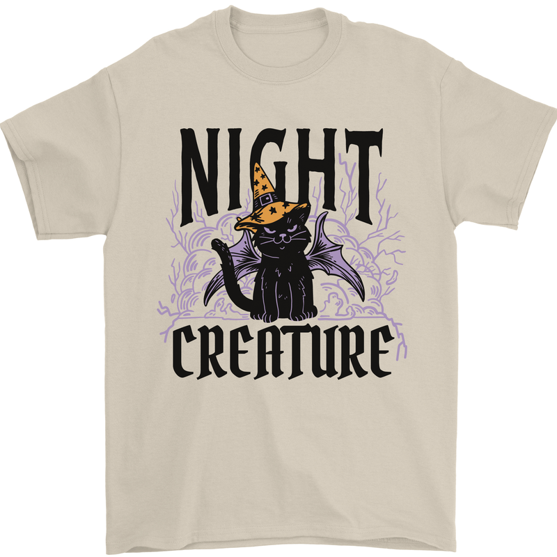 Halloween Cat Night Creature Witch Mens T-Shirt 100% Cotton Sand