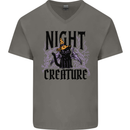 Halloween Cat Night Creature Witch Mens V-Neck Cotton T-Shirt Charcoal