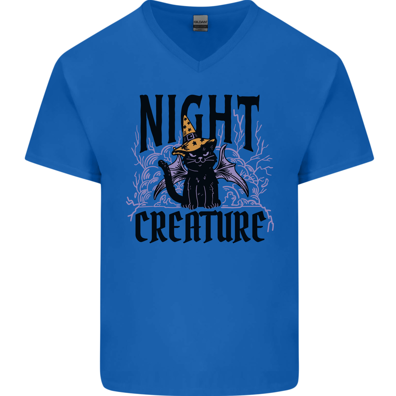 Halloween Cat Night Creature Witch Mens V-Neck Cotton T-Shirt Royal Blue