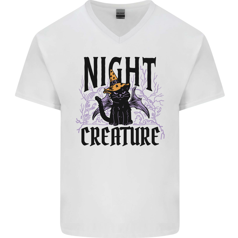 Halloween Cat Night Creature Witch Mens V-Neck Cotton T-Shirt White