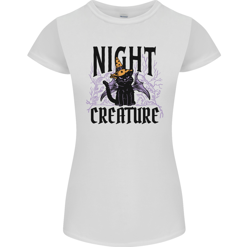 Halloween Cat Night Creature Witch Womens Petite Cut T-Shirt White