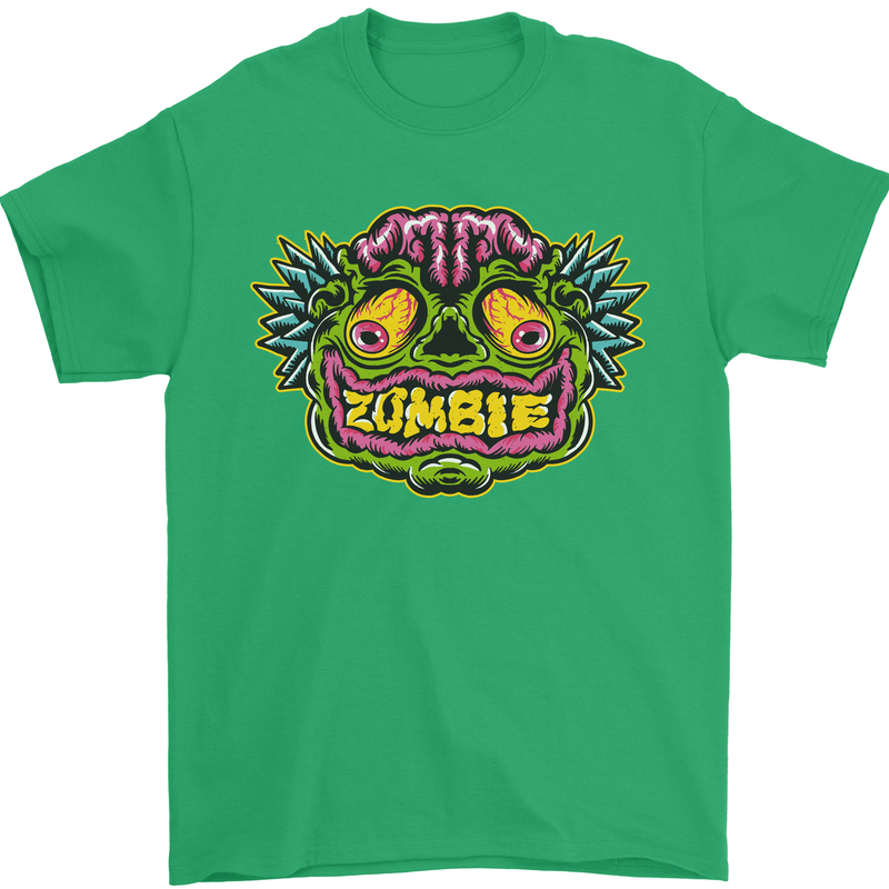 Halloween Zombie Face Mens T-Shirt 100% Cotton Irish Green