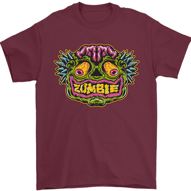 Halloween Zombie Face Mens T-Shirt 100% Cotton Maroon