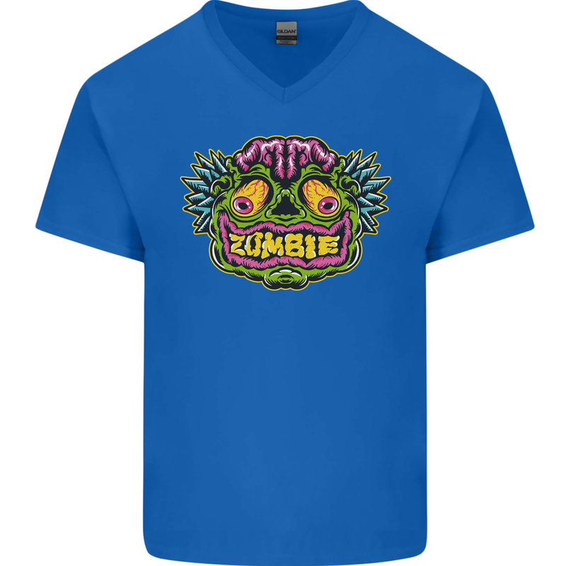 Halloween Zombie Face Mens V-Neck Cotton T-Shirt Royal Blue