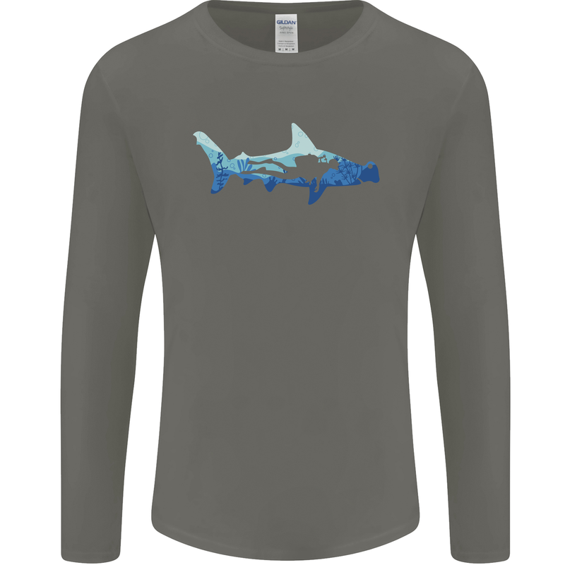 Hammerhead Shark Scuba Diver Diving Mens Long Sleeve T-Shirt Charcoal