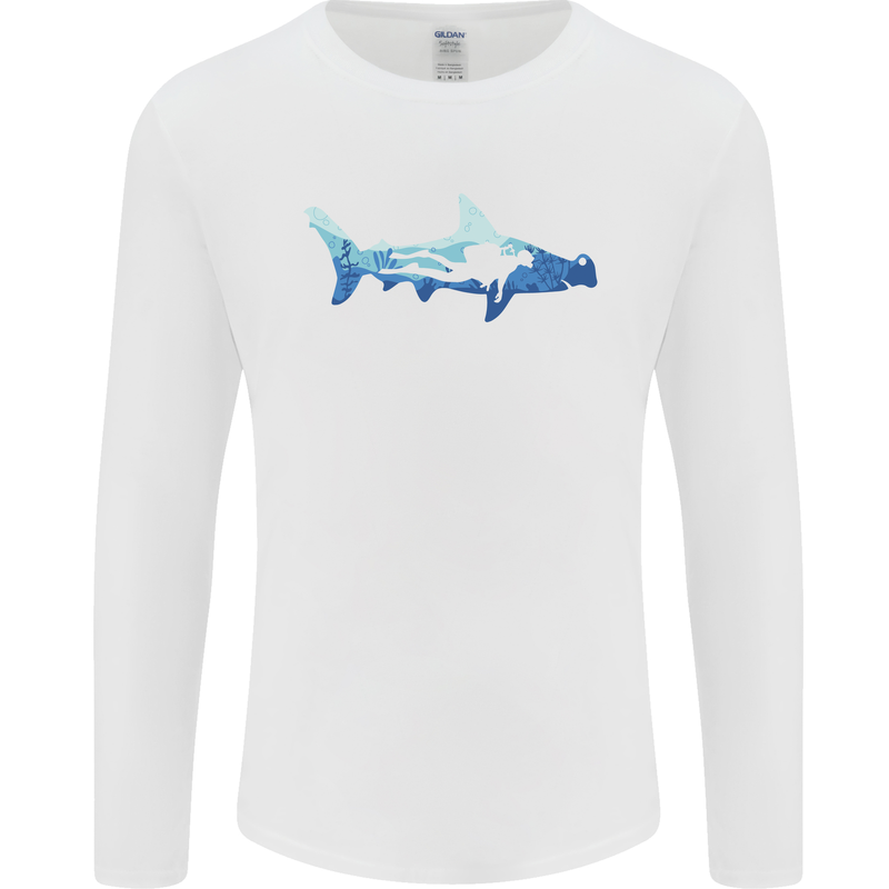 Hammerhead Shark Scuba Diver Diving Mens Long Sleeve T-Shirt White