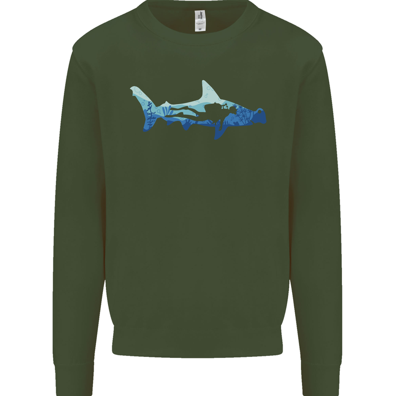 Hammerhead Shark Scuba Diver Diving Mens Sweatshirt Jumper Forest Green