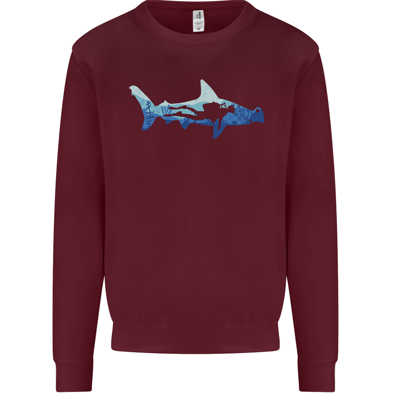 Hammerhead Shark Scuba Diver Diving Mens Sweatshirt Jumper Maroon