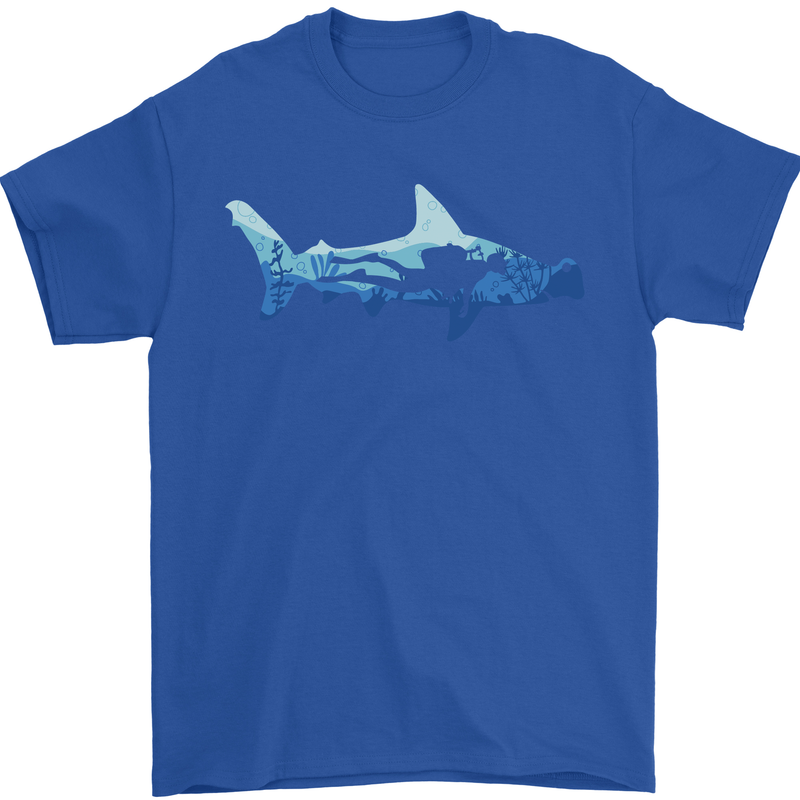 Hammerhead Shark Scuba Diver Diving Mens T-Shirt 100% Cotton Royal Blue