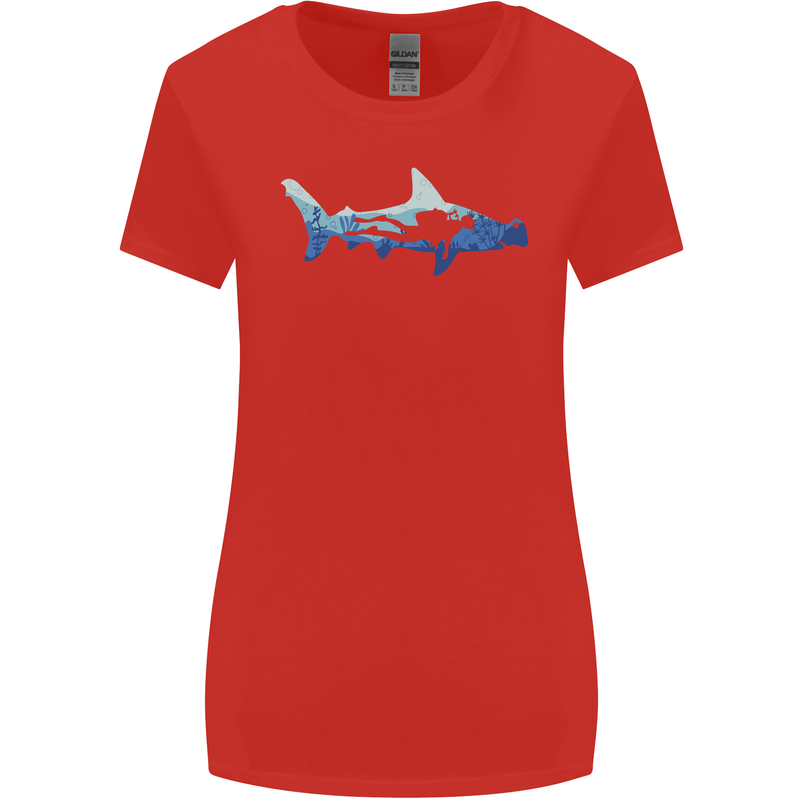 Hammerhead Shark Scuba Diver Diving Womens Wider Cut T-Shirt Red