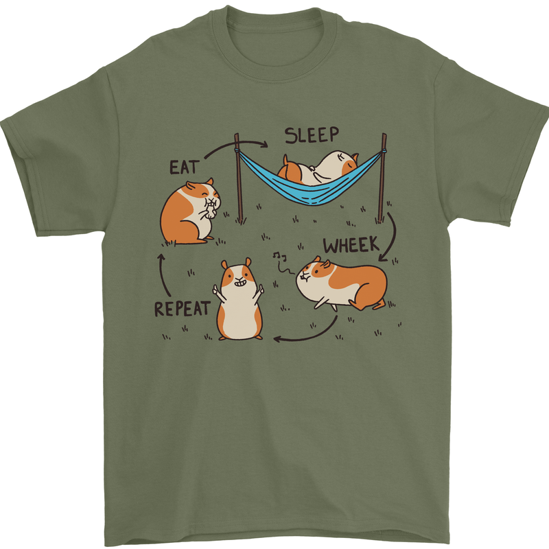 Hampster Eat Sleep Wheek Repeat Funny Mens T-Shirt Cotton Gildan Military Green