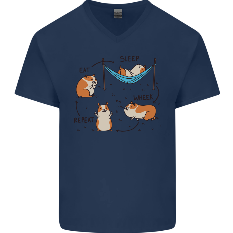 Hampster Eat Sleep Wheek Repeat Funny Mens V-Neck Cotton T-Shirt Navy Blue