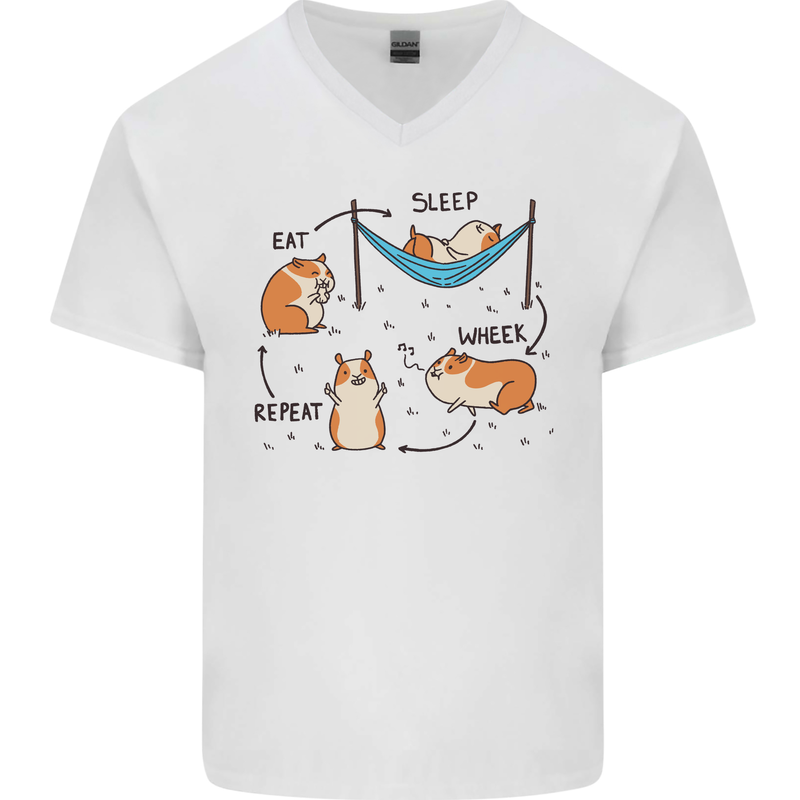 Hampster Eat Sleep Wheek Repeat Funny Mens V-Neck Cotton T-Shirt White
