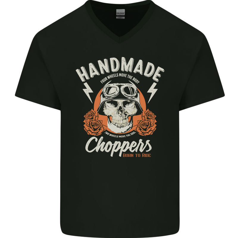 Hand Made Choppers Motorcycle Biker Mens V-Neck Cotton T-Shirt Black