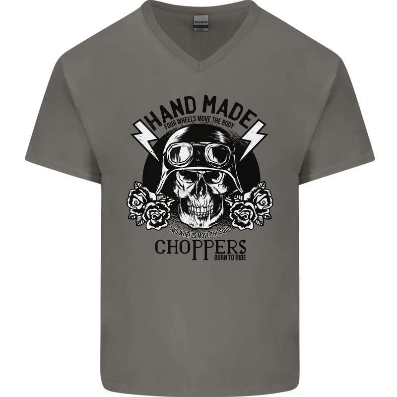 Handmade Choppers Biker Motorcycle Bike Mens V-Neck Cotton T-Shirt Charcoal
