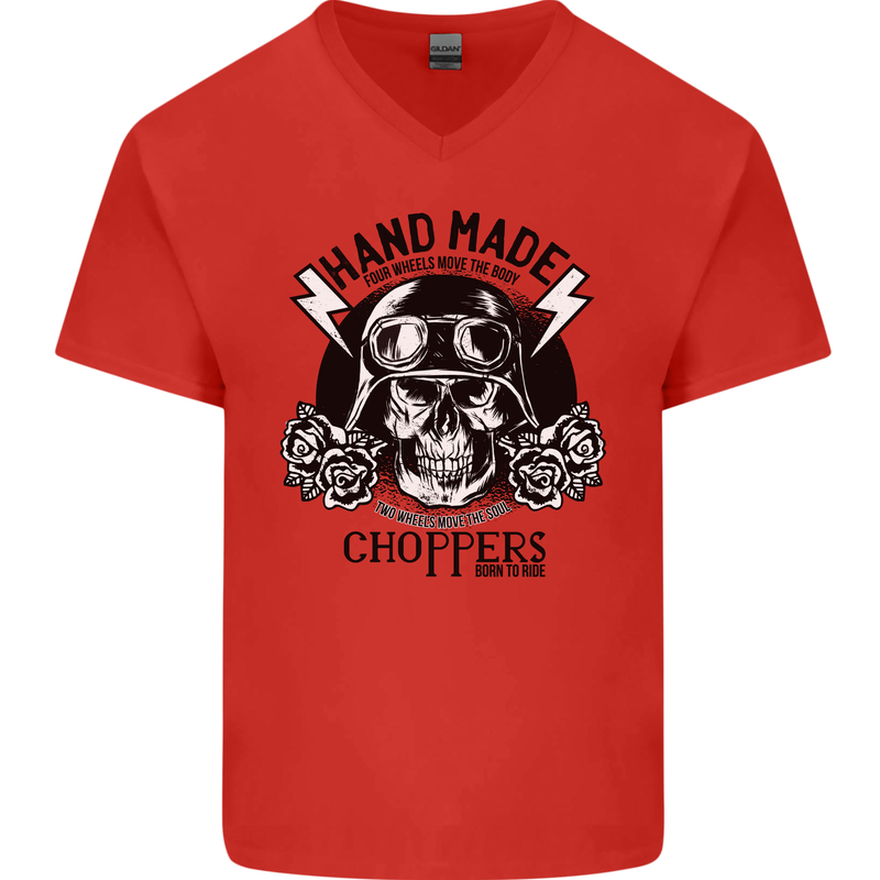 Handmade Choppers Biker Motorcycle Bike Mens V-Neck Cotton T-Shirt Red