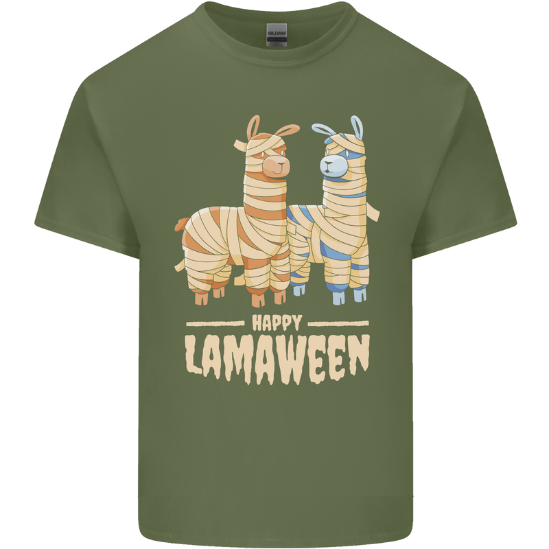 Happy Lamaween Funny Lama Halloween Mens Cotton T-Shirt Tee Top Military Green