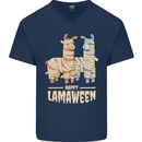 Happy Lamaween Funny Lama Halloween Mens V-Neck Cotton T-Shirt Navy Blue