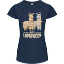 Happy Lamaween Funny Lama Halloween Womens Petite Cut T-Shirt Navy Blue
