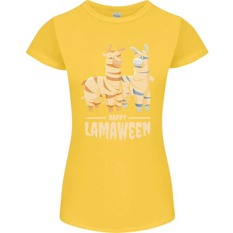 Happy Lamaween Funny Lama Halloween Womens Petite Cut T-Shirt Yellow