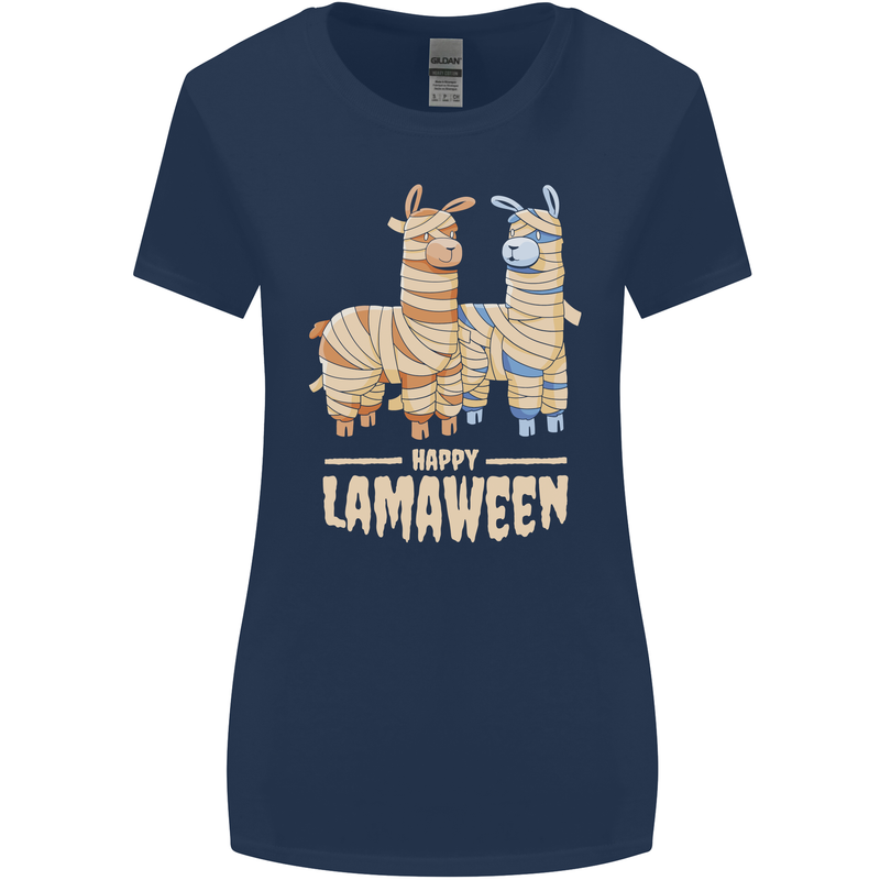 Happy Lamaween Funny Lama Halloween Womens Wider Cut T-Shirt Navy Blue