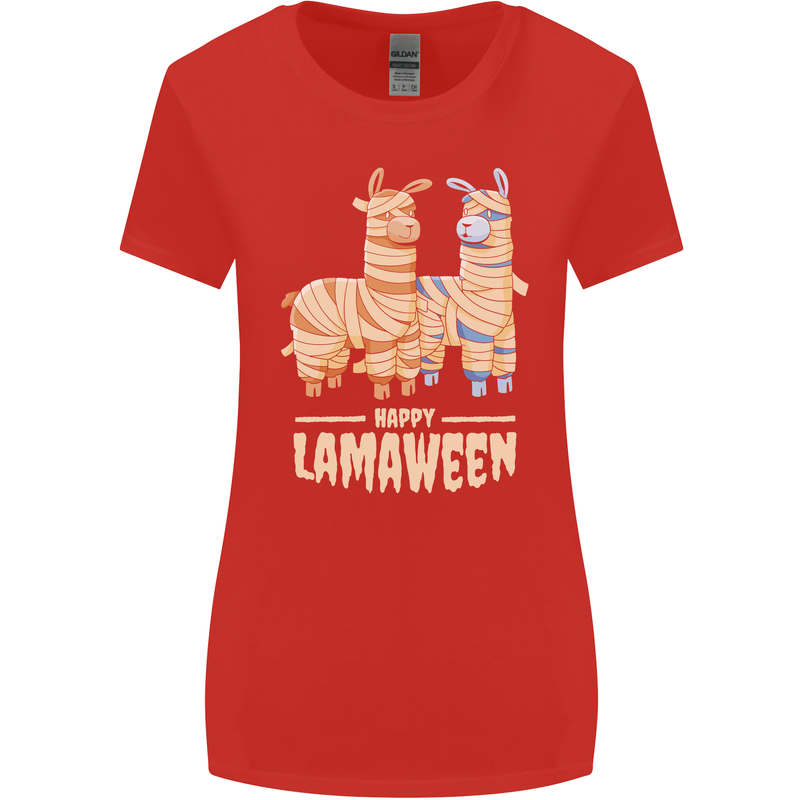 Happy Lamaween Funny Lama Halloween Womens Wider Cut T-Shirt Red