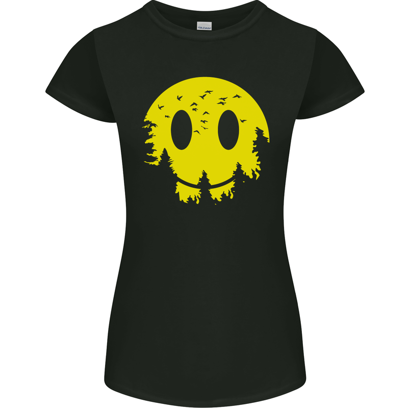 Happy Moon Smiling Acid Face 90's Womens Petite Cut T-Shirt Black