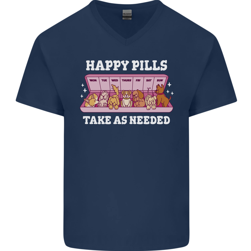 Happy Pills Antidepressants Dogs Mens V-Neck Cotton T-Shirt Navy Blue