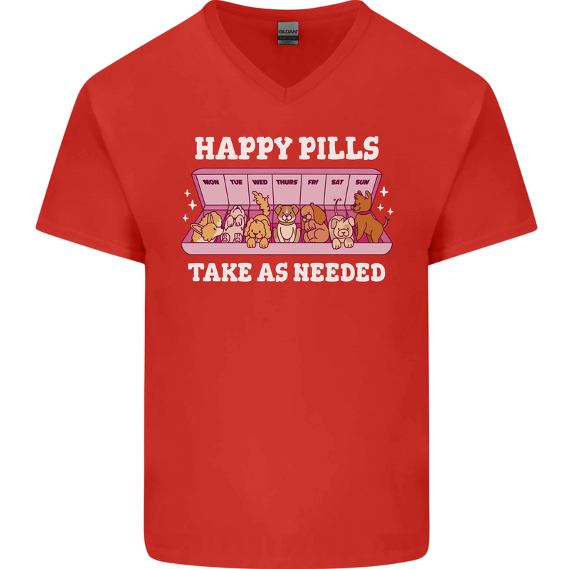 Happy Pills Antidepressants Dogs Mens V-Neck Cotton T-Shirt Red