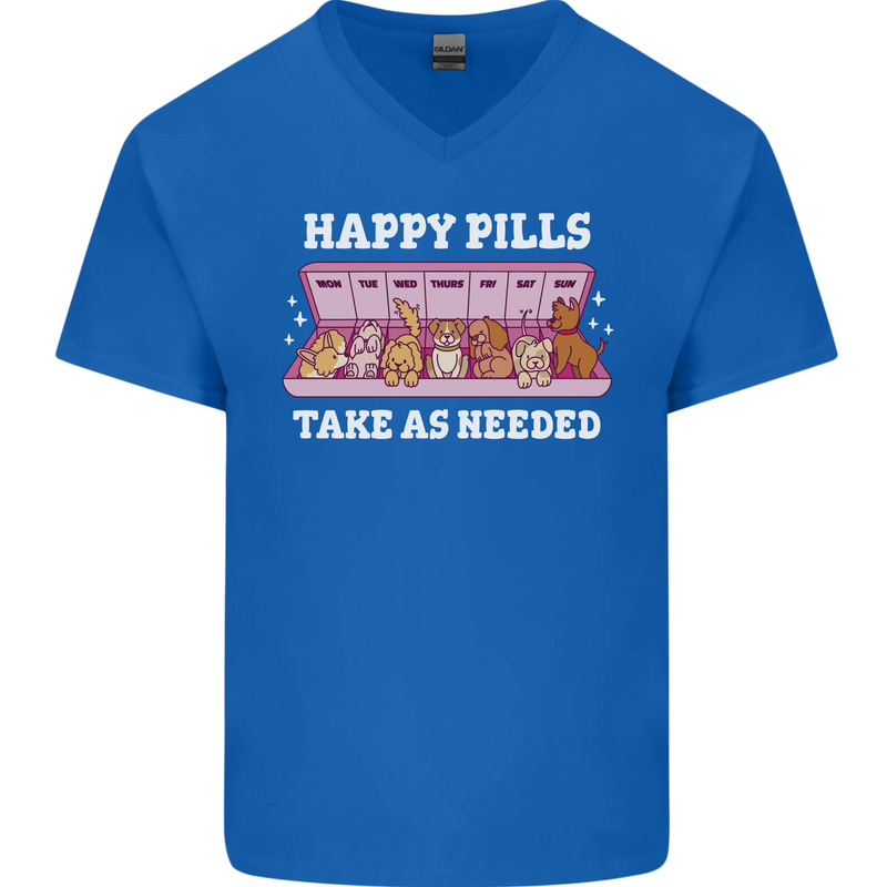 Happy Pills Antidepressants Dogs Mens V-Neck Cotton T-Shirt Royal Blue